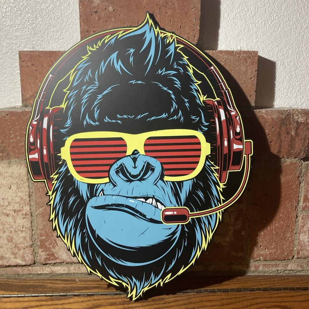 Awesome Gorilla Gamer Life Size Head Bust Wood Wall Art Gorilla DJ 20” H/15.5”W